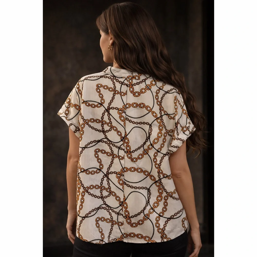 Luxe White with Gold Chain Link Print Henley Style Woven Pocket Blouse - Picture 2 of 4